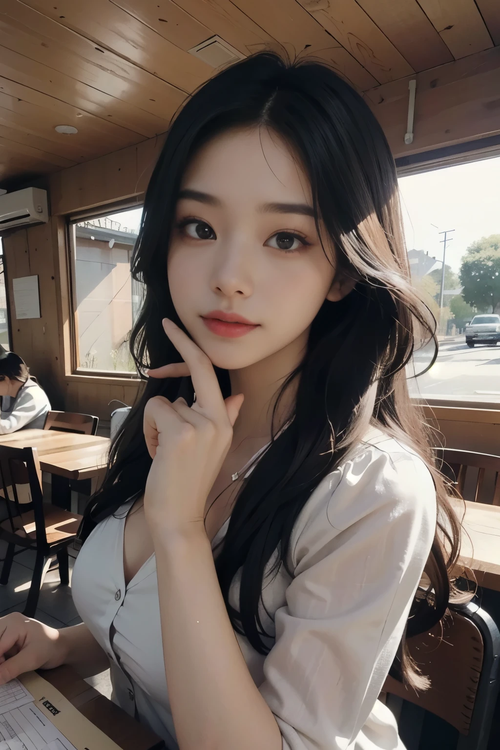 (highest quality,masterpiece:1.3,Ultra-high resolution),(Very detailed、Caustics) (Realistic:1.4, RAW shooting、)Ultra-Realistic Capture、Very detailed、Natural skin texture、masterpiece21歳、Young Face、Amazingly cute、Long black hair、light makeup、smile、Parallel eyebrows、Anatomically correct、Attention to detail、I concentrate on writing、Not exposed、students studying at a cafe、concentrating on studying、Read the textbook