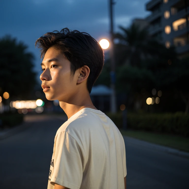  boy, 17 years old, facing backward, candid, night background, body facing backwards, tan skin, Indonesian face, face is not visible, wear shirt
