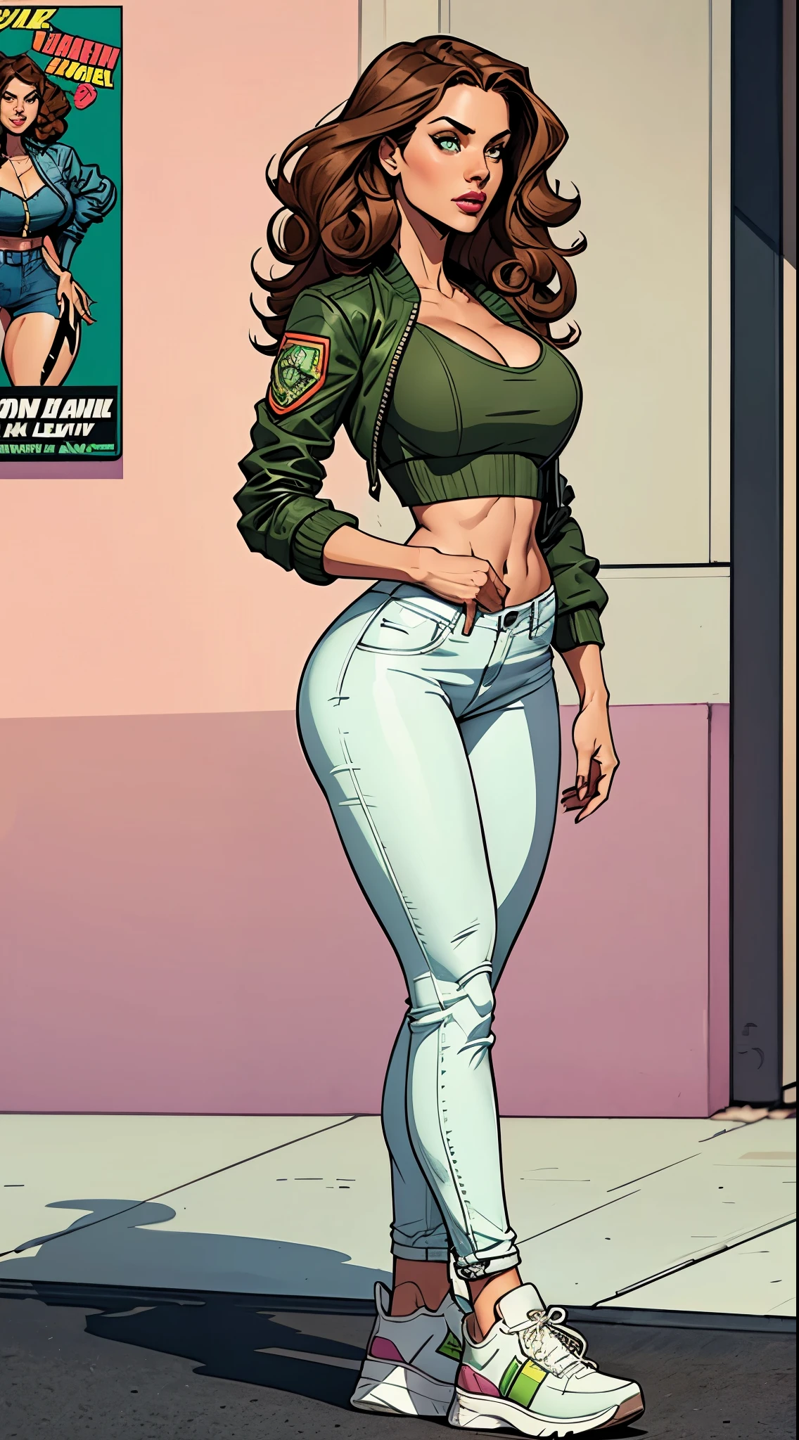 long curly light brown hair. Large, almond-shaped eyes, intense green. Slim and elegant figure. She was wearing worn jeans, a pastel-colored low-cut blouse, and a bomber jacket. She paired her outfit with white sneakers.busty. Booty. Comic style. Marvel comics