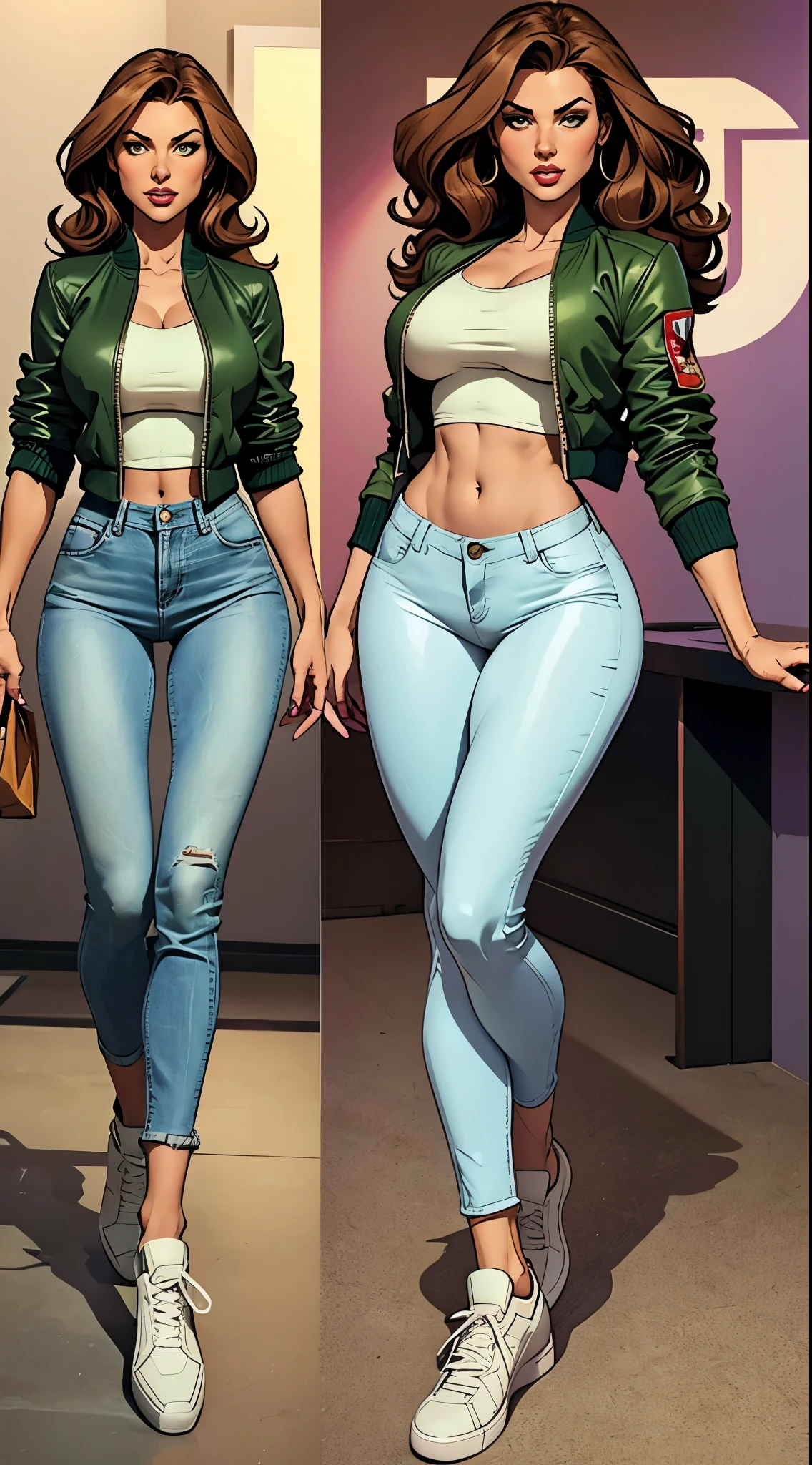 long curly light brown hair. Large, almond-shaped eyes, intense green. Slim and elegant figure. She was wearing worn jeans, a pastel-colored low-cut blouse, and a bomber jacket. She paired her outfit with white sneakers.busty. Booty. Comic style. Marvel comics