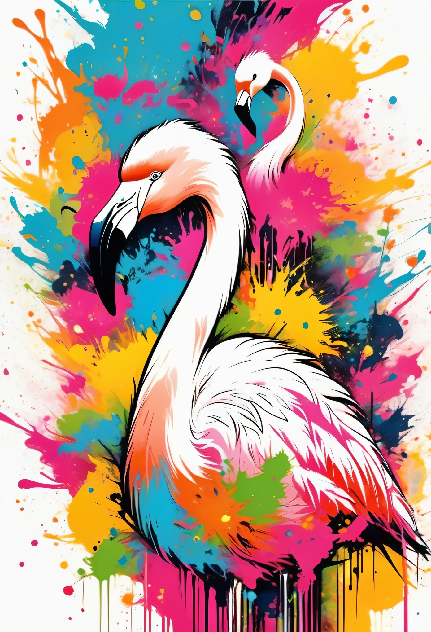 Vector Art, Colorful illustration with flamingo, In the center, Vibrant colors,Graffiti Art,ink splatter,Wild and unrestrained,splash ink painting,rich and colorful,visual impact,modern aesthetics,Elegant and simple