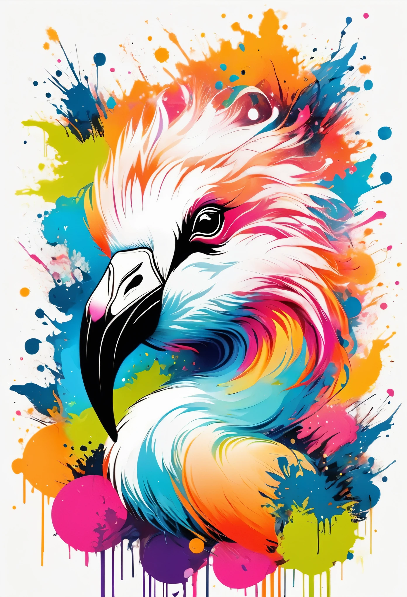 Vector Art, Colorful illustration with flamingo, In the center, Vibrant colors，Graffiti Art，ink splatter，Wild and unrestrained，splash ink painting，rich and colorful，visual impact,modern aesthetics,Elegant and simple