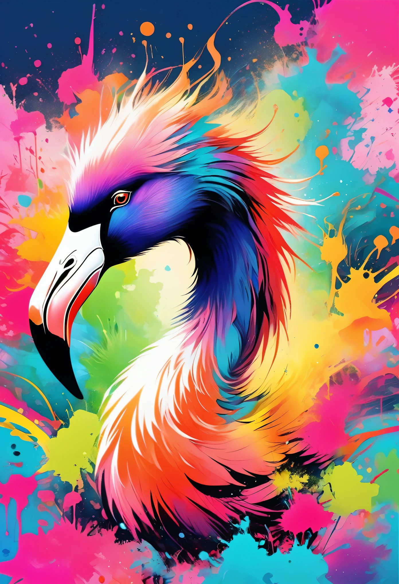 Vector Art, Colorful illustration with flamingo, In the center, Vibrant colors,Graffiti Art,ink splatter,Wild and unrestrained,splash ink painting,rich and colorful,visual impact,modern aesthetics,Elegant and simple