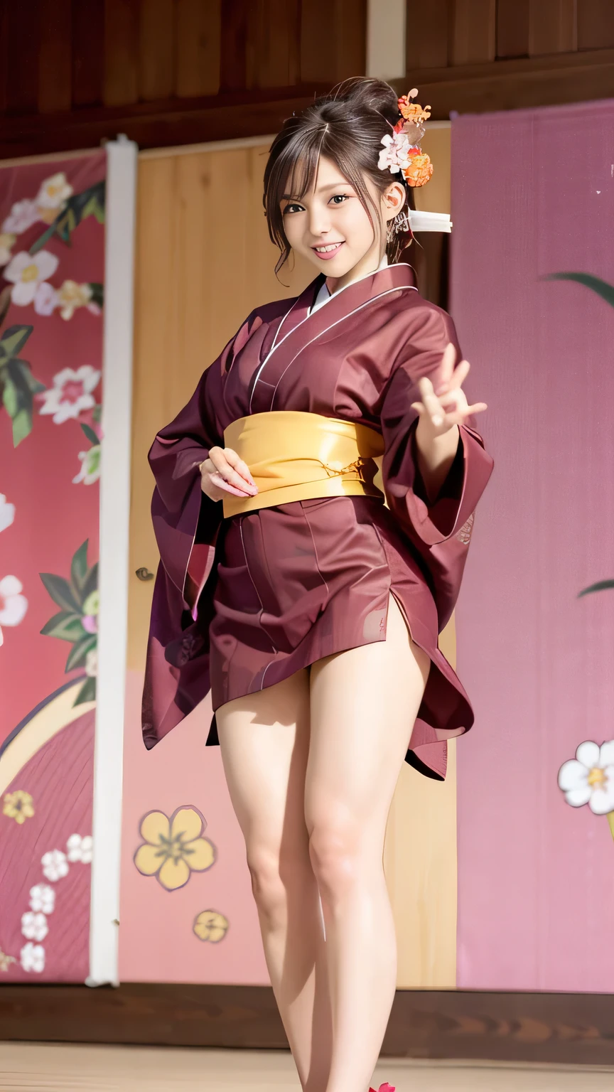 Japan Idol Girl,Add motion blur effects to simulate motion,High resolution,Elegant kimono for girls,Floral kimono on shiny red fabric,ponytail,Flying hair,Very delicate and beautiful face,Cherry blossom hair accessory,Dancing an intense Japanese dance,Under the fluttering cherry blossoms,Open your arms、Put one hand forward,Beautiful Hands,Beautiful fingers,Full Body Shot,Shiny light brown and orange striped short hair,Cute Smile,Perfect round face,A bright smile that makes everyone happy,Proper body balance,Beautiful Hands,Beautiful fingers,Detailed characteristics of the fingers,Detailed clothing features,Detailed hair features,Detailed facial features,
