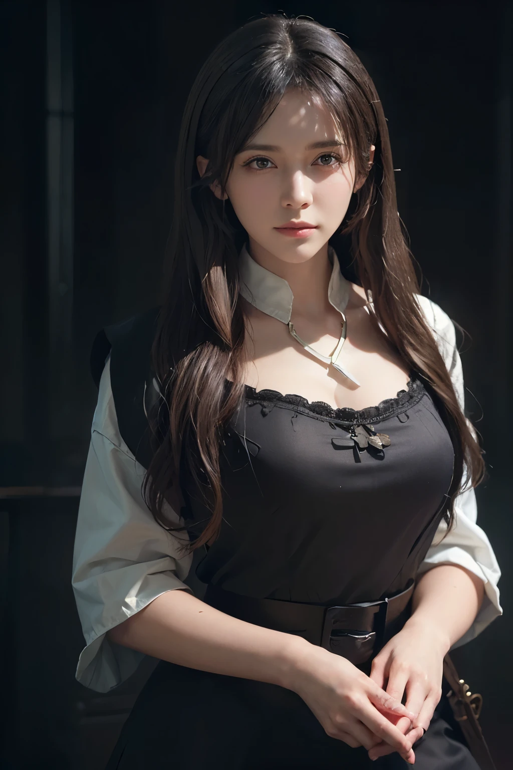 (front focus), (in the dark:1.6), Hyperrealist portrait of female by david hockney and alphonse mucha, fantasy art, photo realistic, dynamic lighting, artstation, poster, volumetric lighting, very detailed faces, 4 k, award winning, 1girl, in the dark, deep shadow, low key, cowboy shot, (official clothing:1.4), long hair, white hair