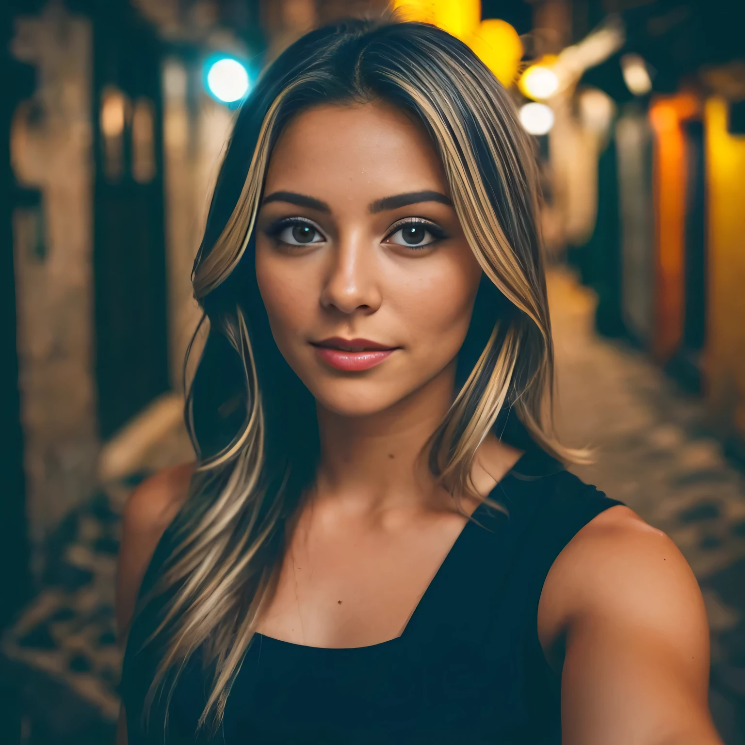 (Selfie, Vista superior: 1.4), (mitad recta del cuerpo: 1.4), RAW uhd portrait photo of a 24 year old blonde (Mujer de ojos marrones) walking down a dark alleyway, senos grandes,, Ciudad de noche, (falda delgada), (Parte superior delgada), Detalles (Texturas! , cabello! , brillar, Color!! , Desventajas: 1.1), ojos brillantes con alto detalle (Looking at the camera), SLR lighting, SLR camera, Ultra calidad, agudeza, Profundidad de campo, Film grain (centro), Fujifilm XT3, Cristalina, Centro del marco, Cara hermosa, sharp focus, farola, Neon lighting, Bokeh (Poca luz), Noche, (cielo nocturno), poros detallados de la piel, piel grasa, quemadura, Detalles oculares complejos, cuerpo completo, cabello rubio claro, flequillo contundente, senos grandes