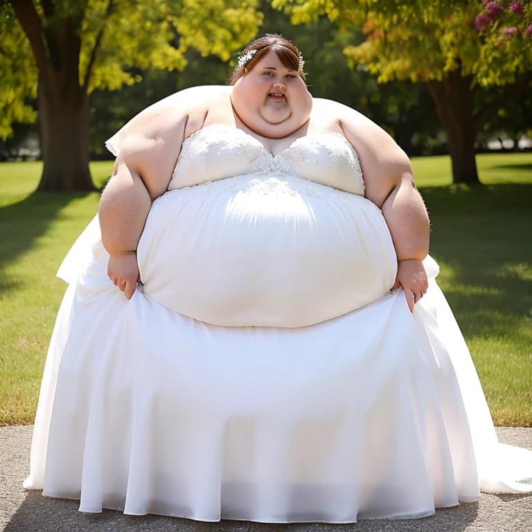 sbbw solo extremely morbidly obese US woman full body alone wearing a white wedding dress