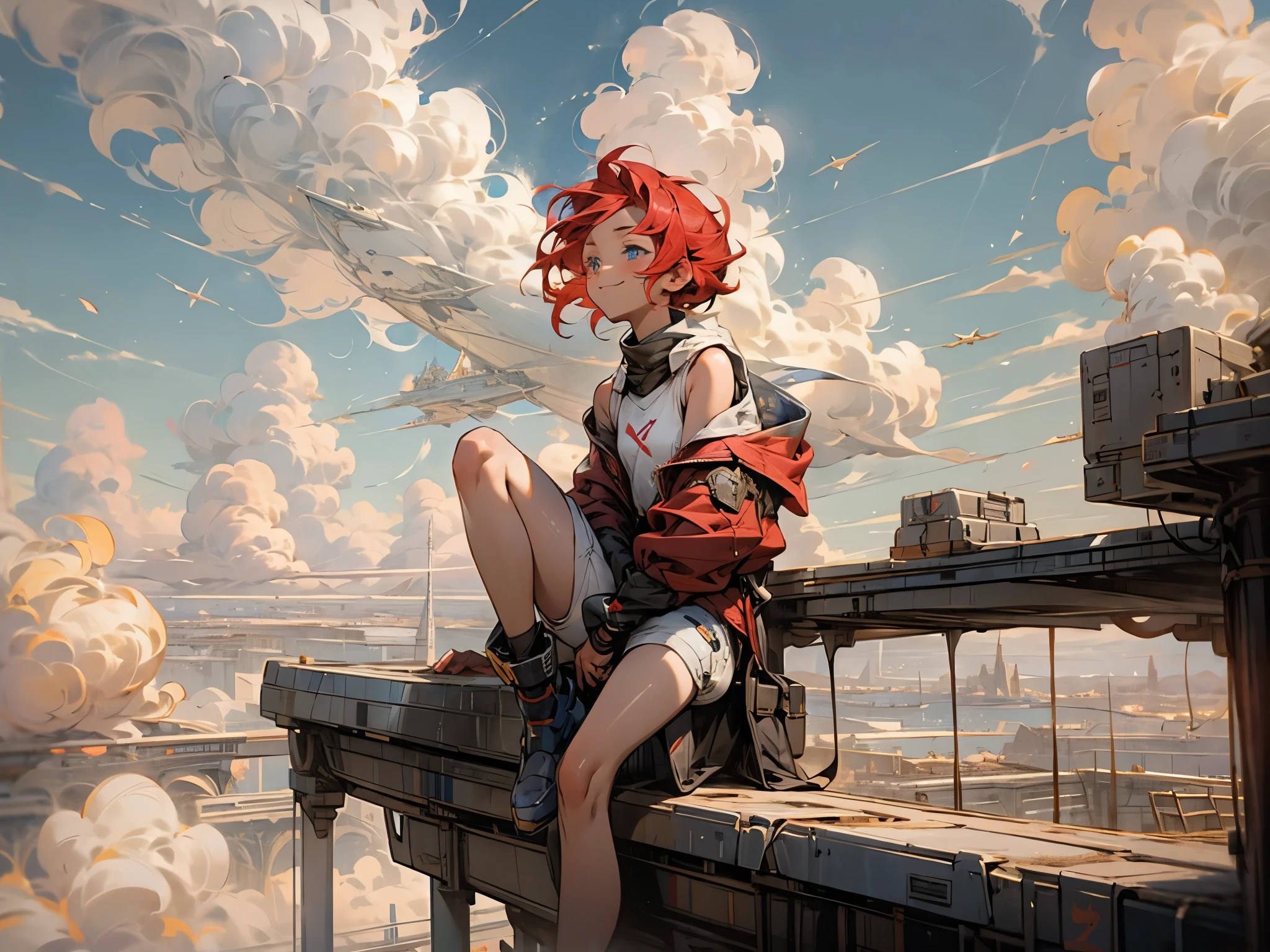 girl１people,Futuristic buildings,Flying Airship,Blue sky,Flowing Clouds,Sitting with legs crossed,Looking up at the sky in the distance,Short Hair,Shortcuts,Red hair color,Blue Eyes,,boyish,アジアpeople,smile,Primary schokin,Being thin,freckles,White shorts,White tank top,Red jacket,High angle,