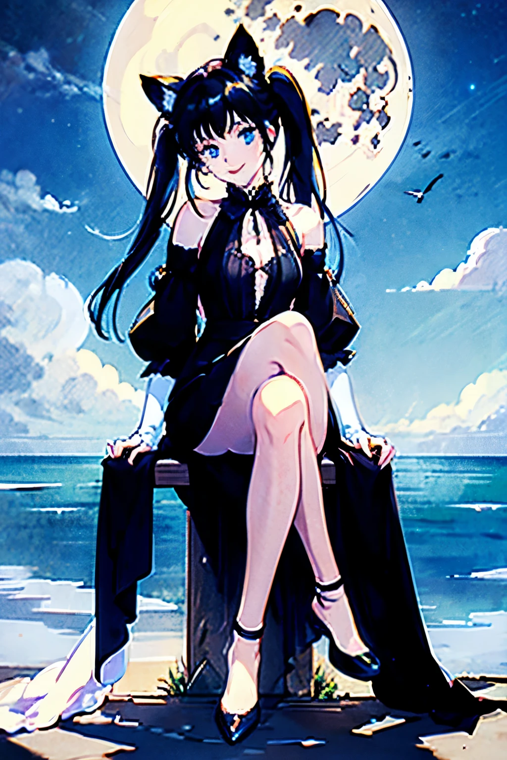 masterpiece, best quality, 1 girl, (pale skin), long white hair, pigtails, cat ears, blue eyes,smile, alone, Support her body with her hands,sit at the top of a blak birdcage,long black dress,big moon, night,ilmic light