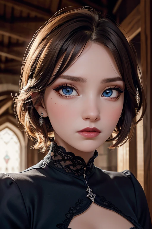 Defined face blue eyes gothic makeup eyeliner and eye shadows, cabello rubio, trenzado labios rojos voluminosos, primer plano en HD,  Intricate medieval architectural details and fantastic landscapes in 12k high resolution 