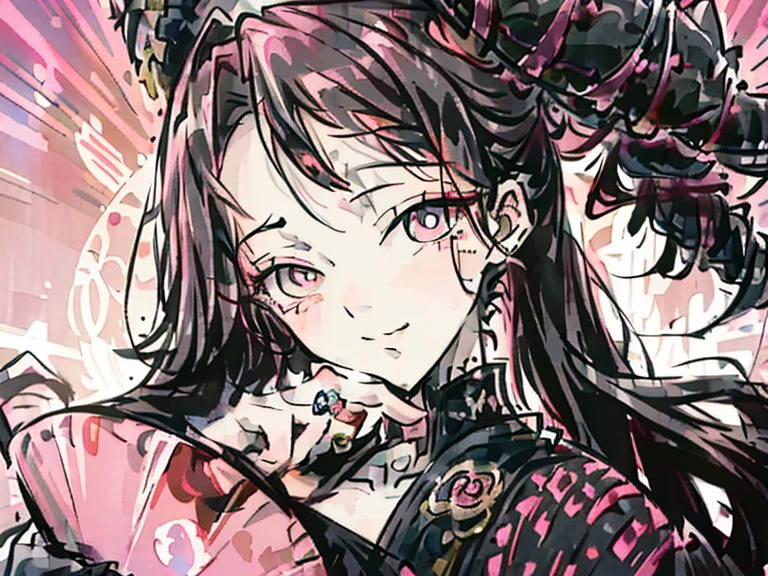 illustrate a 17 year old anime guy, with spiky or fuffly black hair, peach or pink colored eyes with ring patterns as his pupils, with bedroom/seductive eyes and a mischievous smile, wearing an all black suit and a black fedora hat. he is currently on a mission fighting demons