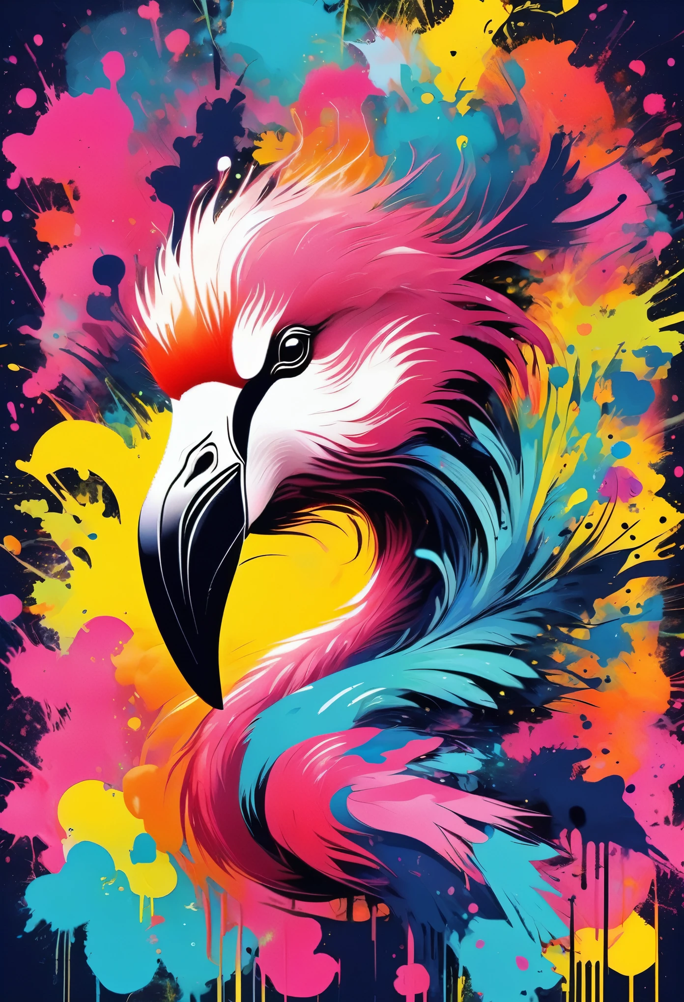 Vector Art, Colorful illustration with flamingo, In the center, Vibrant colors，Graffiti Art，ink splatter，Wild and unrestrained，splash ink painting，rich and colorful，visual impact,modern aesthetics,Elegant and simple