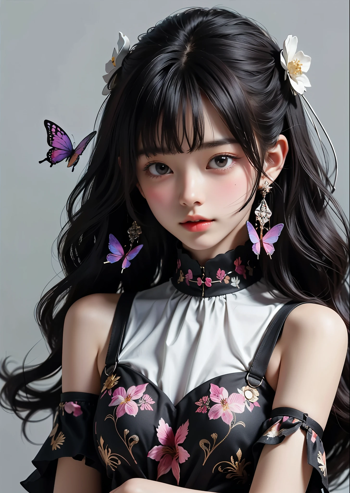 A pretty woman is listening to music with white headphones、One hand on the headphoneasterpiece, highest quality, highest quality, Official Art, beautifully、aesthetic:1.2), (1 girl), Very detailed,(Fractal Art:1.3),colorful t-shirt、Most detailed, Background with fractals and details of assorted flowers and tropical butterflies、Amazing elegance、High color reproducibility、Attention to detail、live-action、Alluring、Pop and catchy、Colorful and fun atmosphere