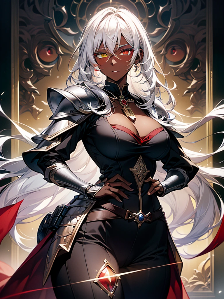 (masterpiece, best quality), (Official art, masterpiece, 8k, HD, ultra-detailed), ultra-detailed, portrait of a beautiful 32 year old woman, ((dark skin)), white hair, red and yellow eyes, with round glasses, wearing light black jumpsuit, with light armor, wearing a magic watch amulet around her neck, large, ultra-detailed breasts, (ultra-detailed face), (1 dark-skinned woman), long, white hair, ((((Heterochromia in eyes, ultra-detailed red eyes and detailed yellow eyes)))), (very detailed eyes: 1,2), (((ultra-detailed red and yellow eyes))), heterochromia with very well-detailed red and yellow eyes, ((wearing very detailed round glasses)), witch items, ((wearing magic watch amulet)), belts, ((black jumpsuit with light armor)), ultra detailed character, photo of the character up to the waist, wallpaper, pinterest, Fantasy Art, (Fantasy art), fantasy scene, exterior, ((medieval village)), wallpaper, pinterest, front photo, exterior, cinematic photo, natural light, portrait photo, wallpaper wall, pinterest, badass image, perfect photo, volumetric lighting