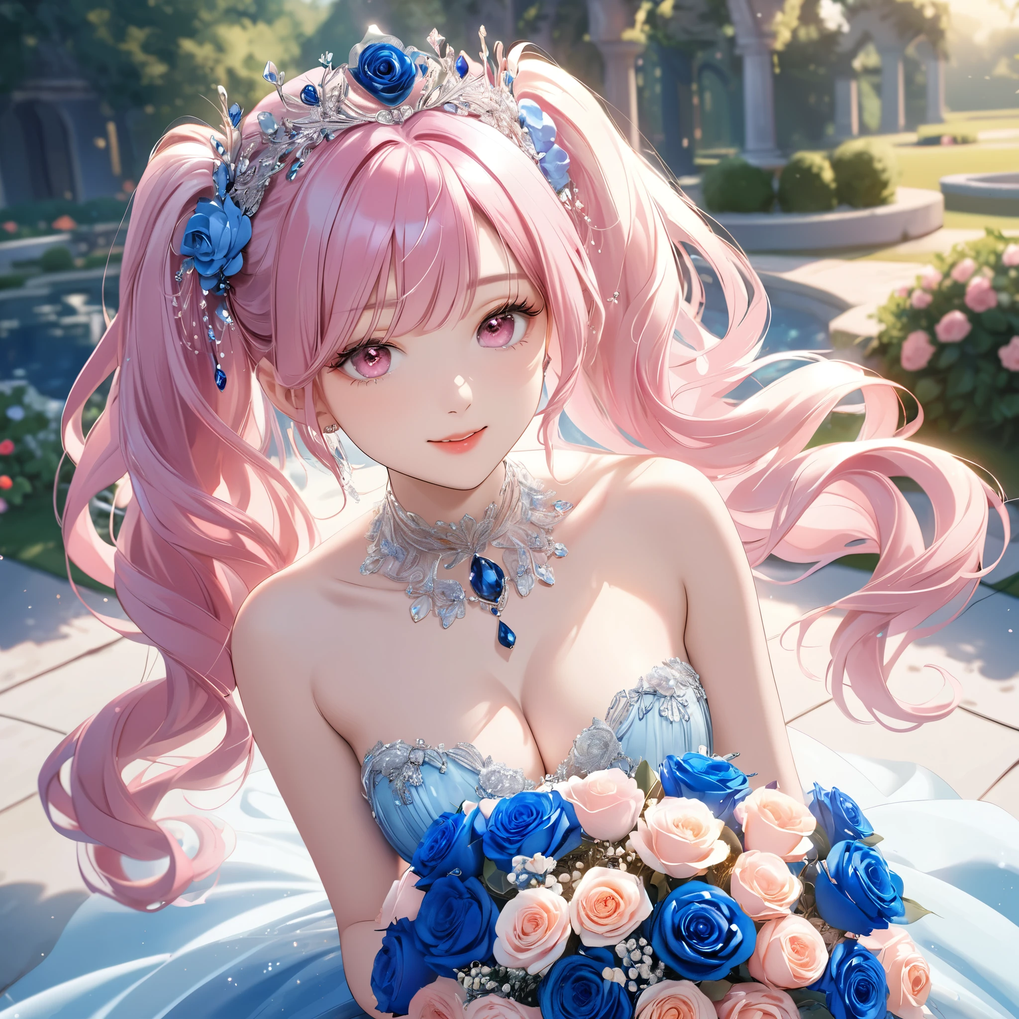 (8K, masutepiece, Best Quality, Official art, Breathtaking beauty and aesthetics, A highly detailed, beautiful lighting:1.2), (1 Girl, Solo), (16 years old), (Beautiful detailed face), (shiny white skin), (Beautiful big bust, cleavage:1.3), (Beautiful detailed pink twin tails hair, Bangs:1.3), (beautiful detailed drooping pink eyes:1.5), break, (Beautiful Luxurious blue Princess Dresses, blue See-through intricate lace, blue cute bow ribbon, a lot of see-through blue frill, sheer chiffon material, silver thread, Diamond, blue corset), (Beautiful Luxurious Diamonds Tiara), (happy Beautiful cute smile:1.5), (Attractive, Elegant, Luxurious, Look at the camera, cute pose), breathtaking scenery, (ultra detailed realistic Breathtakingly beautiful Luxurious garden, blue sky, blue Rose bouquet:1.2),