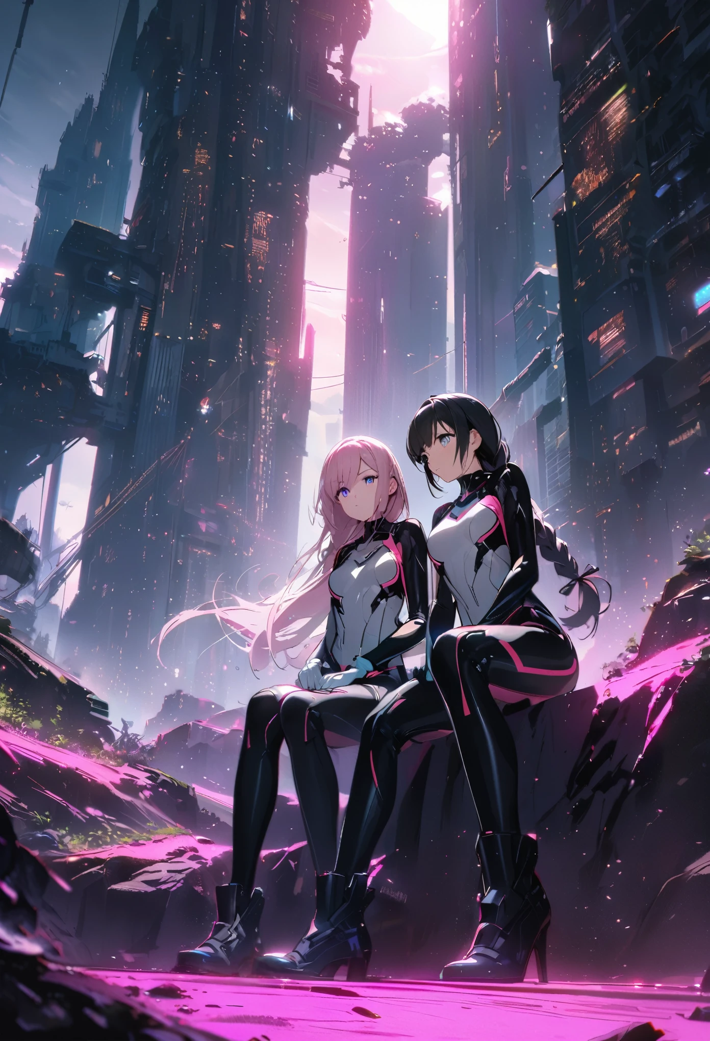 2 mature girls, 1 girl with purple eyes and pink white gradient twin braided long hair, 1 girl with short black hair and blue eyes, scenic, scenery, epic background, masterpiece, Cinematic Lighting, best quality, Illustration, expressionless, wearing semi-cybersuit white top and black skirt and white gloves black boots outfit, sitting down beside each other, sci-fi, cityscape with tall buildings, no other humans