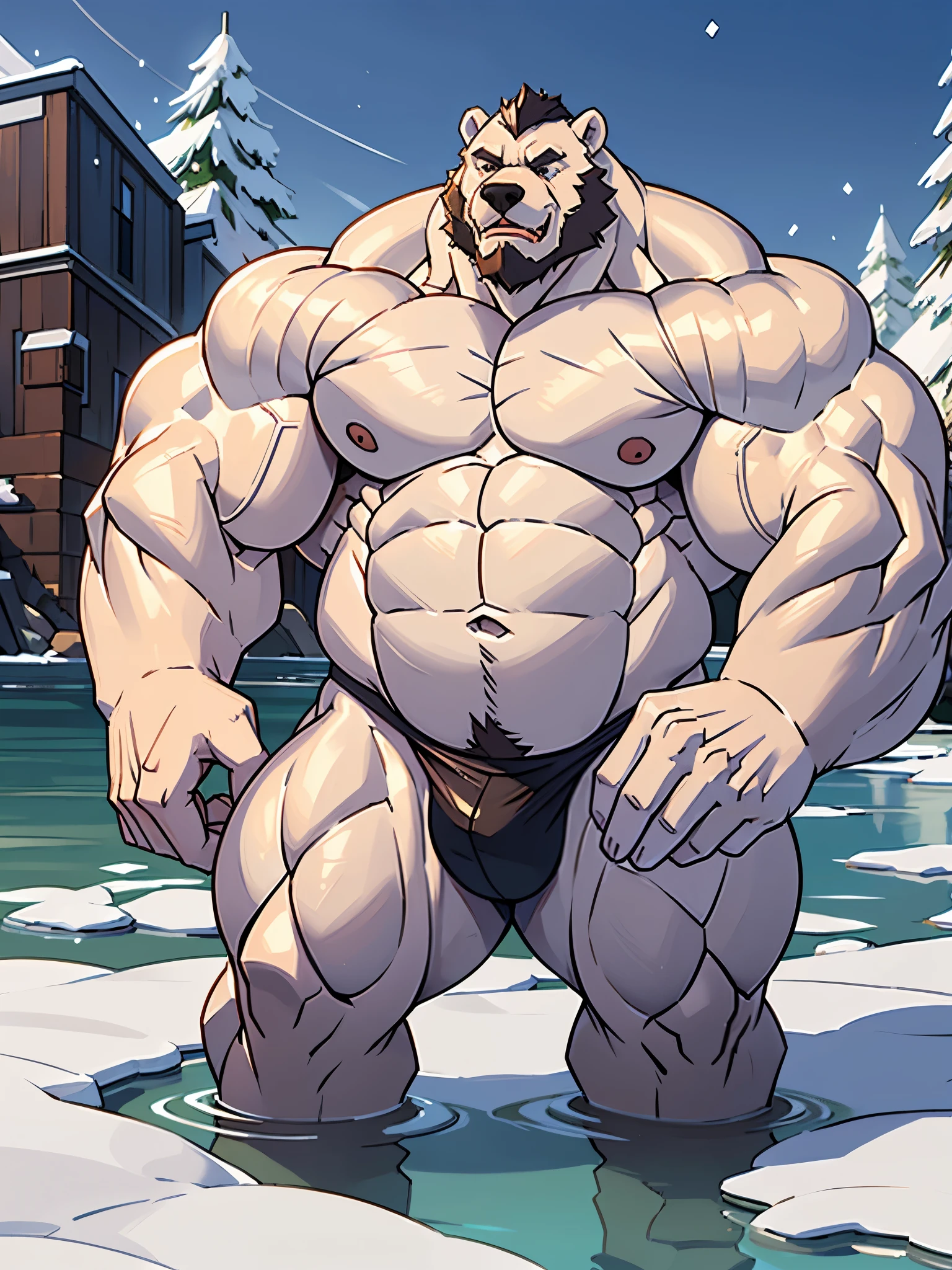 huge muscular, snow, long beards, old man, (furry bear), shirtless, topless, bulge, white bear, polar bear, lake, partial submerged