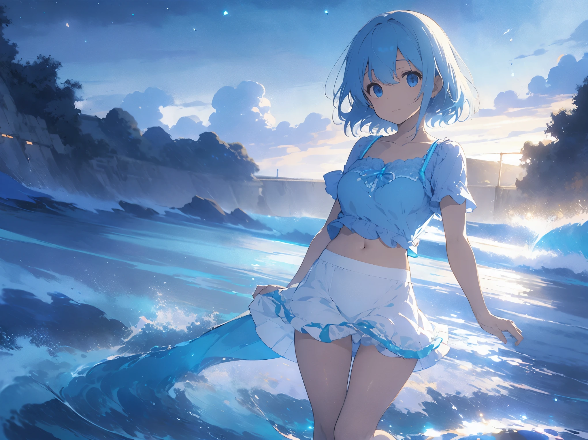 A cute light blue shirt that shows off her 、Light blue frilly flared skirt、She lifts her skirt with both hands to show off her cute white underwear、Cute white underwear visible when skirt is lifted、Sandy beach, beautiful sea, night and starry sky