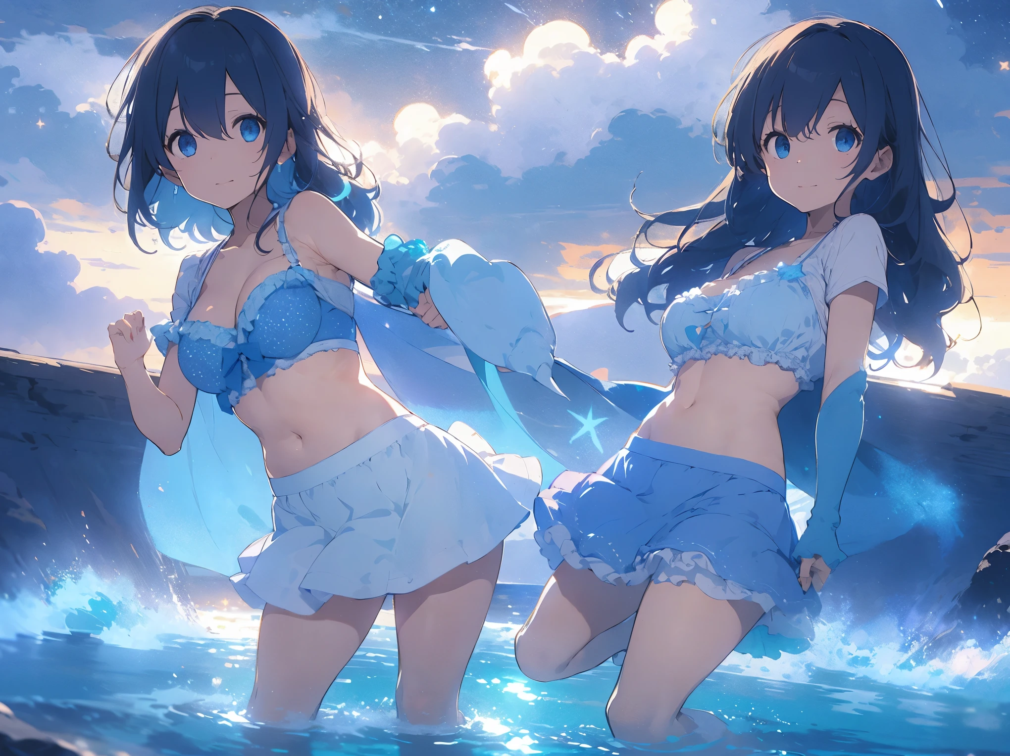 A cute light blue shirt that shows off her 、Light blue frilly flared skirt、She lifts her skirt with both hands to show off her cute white underwear、Cute white underwear visible when skirt is lifted、Sandy beach, beautiful sea, night and starry sky