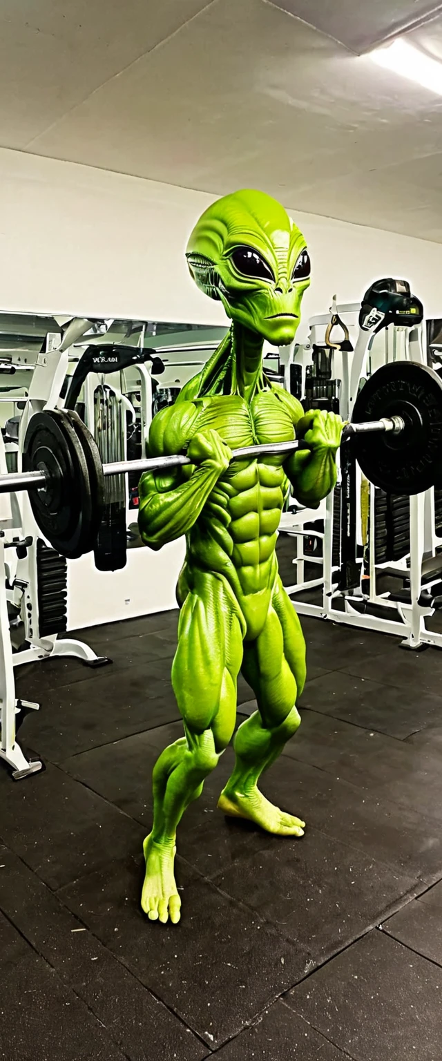 an alien in a gym that is very strong lifting weights in a gym