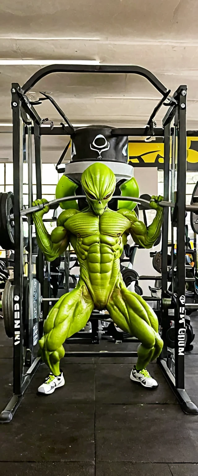 an alien in a gym that is very strong lifting weights in a gym