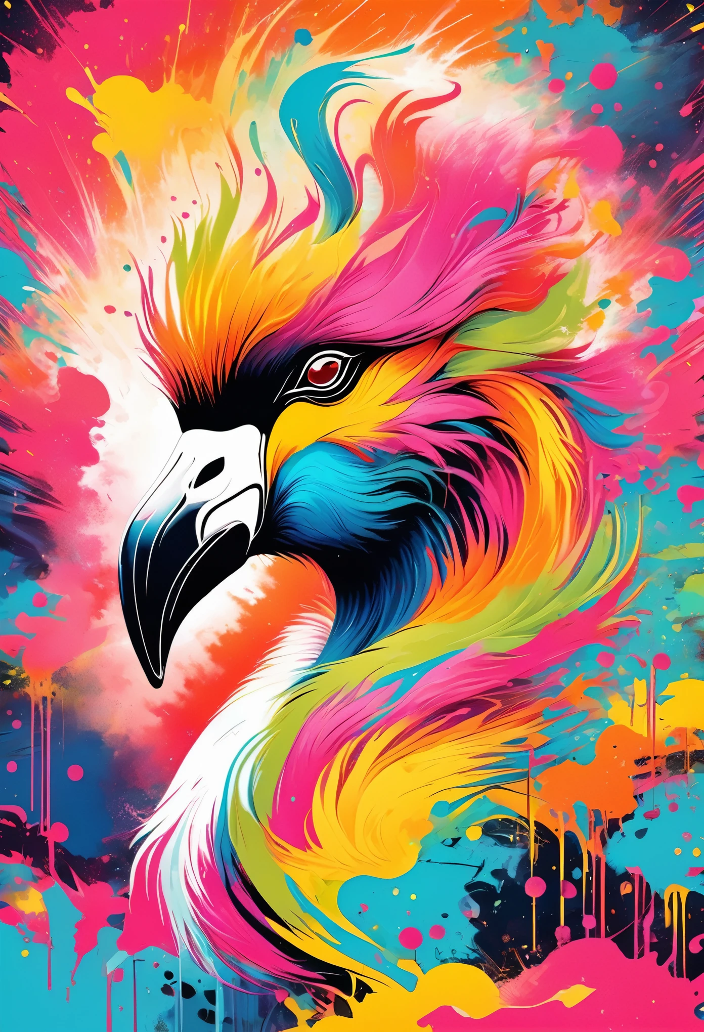 Vector Art, Colorful illustration with flamingo, In the center, Vibrant colors,Graffiti Art,ink splatter,Wild and unrestrained,rich and colorful,visual impact,modern aesthetics,Elegant and simple