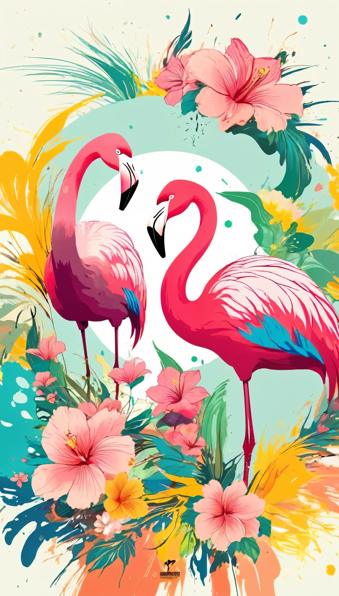 Vector Art, Colorful illustration with flamingo, In the center, Vibrant colors，Graffiti Art，ink splatter，Wild and unrestrained，rich and colorful，visual impact,modern aesthetics,Elegant and simple
