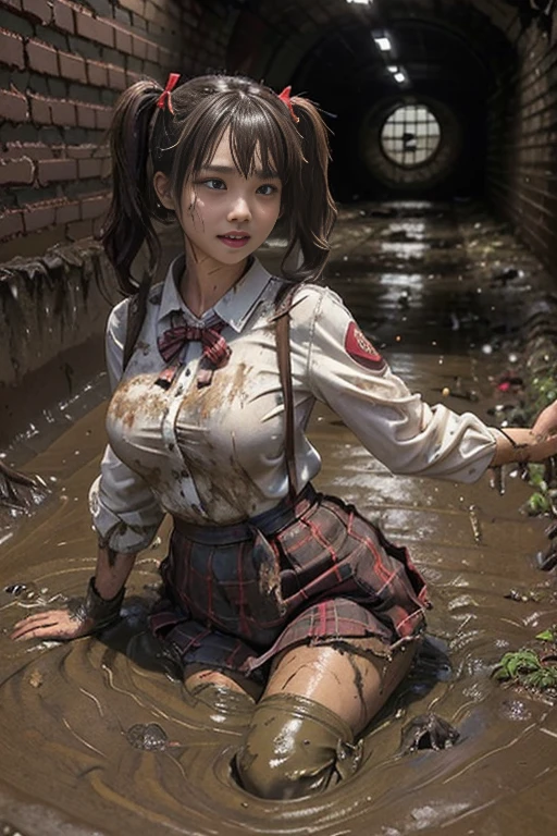 mud dirty , waistband of skirt is at the point above chest , school girl big breast , red knot , red bow , skirt dark red , plaid skirt , pleated skirt , dirty white Shirt , realisitic、top-quality、crisp photos、((Brick underground tunnel、Foul-smelling sewer、Littered with filth、Sewage channels full of feces、a lot of garbage and junk、The dirtiest sewer))、Bricks are covered with moss、((beautiful a girl、Constricted waist、Neat face、Most beautiful face、Elaborate face、dense dirty brown hair、Refreshing look、Pleasant look、Happy expression、Joy covered in filth、Glad to get dirty))、(dirty school girl uniform、Tangier、brawn hair)、Lying face down on filth、Girl with beautiful ass、Scoop out filth with both hands、Beautiful girl's hair is covered in mud、The joy of lying in dirty sewage))、(((I want to smear filth all over my body.、A large amount of sewage flows down the head、The whole body is full of filth、Stick out your buttocks and open your legs、a large amount of dirty garbage and waste,,、Heaps of garbage)) , partially submerged , twin tails hair 
