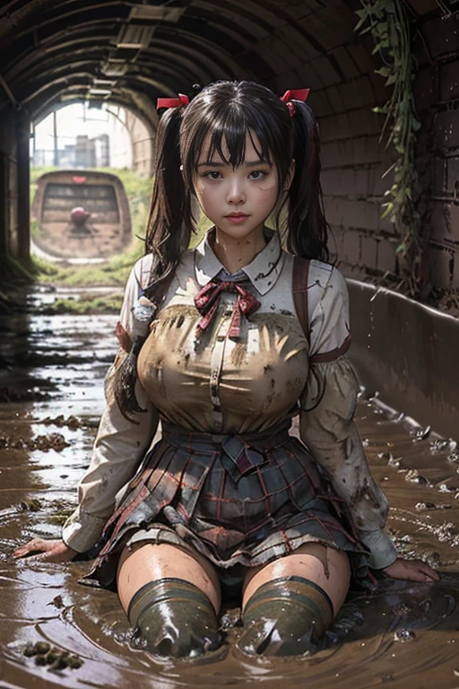 mud dirty , waistband of skirt is at the point above chest , school girl big breast , red knot , red bow , skirt dark red , plaid skirt , pleated skirt , dirty white Shirt , realisitic、top-quality、crisp photos、((Brick underground tunnel、Foul-smelling sewer、Littered with filth、Sewage channels full of feces、a lot of garbage and junk、The dirtiest sewer))、Bricks are covered with moss、((beautiful a girl、Constricted waist、Neat face、Most beautiful face、Elaborate face、dense dirty brown hair、Refreshing look、Pleasant look、Happy expression、Joy covered in filth、Glad to get dirty))、(dirty school girl uniform、Tangier、brawn hair)、Lying face down on filth、Girl with beautiful ass、Scoop out filth with both hands、Beautiful girl's hair is covered in mud、The joy of lying in dirty sewage))、(((I want to smear filth all over my body.、A large amount of sewage flows down the head、The whole body is full of filth、Stick out your buttocks and open your legs、a large amount of dirty garbage and waste,,、Heaps of garbage)) , partially submerged , twin tails hair