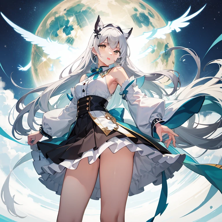 tmasterpiece, High- sharpness, Best quality at best, 1 girl solo,long white hair,Yellow eyes,Skirt that wraps hips,Bigchest,quadratic element,having fun