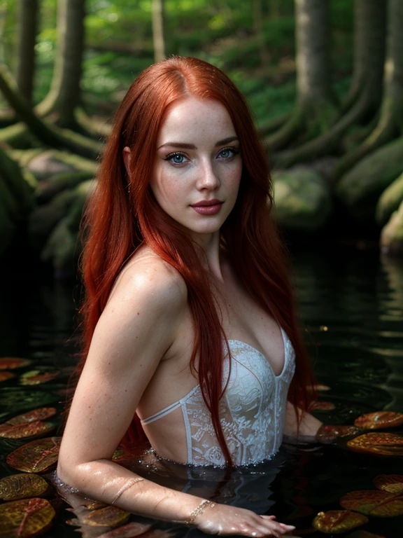 a woman with long red hair in a dress, full body view, ethereal beauty, ophelia, full body, a stunning young ethereal figure, nymph in the water, water fairy, fantasy with water magic, with pale skin, ethereal fairytale, inspired by Arthur Hughes, ellie bamber fairy, red haired goddess, fantasy photoshoot, by Elena Guro. Photorealistic photography.very good quality, aestic,Perfect composition.photo clear.Perfect composition,very good quality photography, photorealistic photo. Very detailed face: eyes , eyebrows,nosem,lips. Beauty. Realistic flowers.Rich color background. Perfect composition..hoto taken at eye level,DSLR,canon EOS RS,ultra quality,sharp focus,tack sharp, depth of field (dof). Film grain,crystal clear,8k UHD, highly detailed, facial features, high detailed background. Art supplies. very good quality .