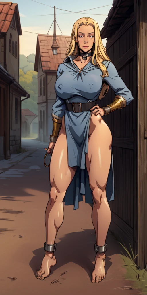 (Forrest:Face:LORA)(Curly Blonde Long Hair) full body, barefoot, solo, female, big breast, linen tunic, fantasy village, armor, Handcuffs on their hands with a collar around the neck, hands on hips, slave ((black choker, shackles on legs and arms))