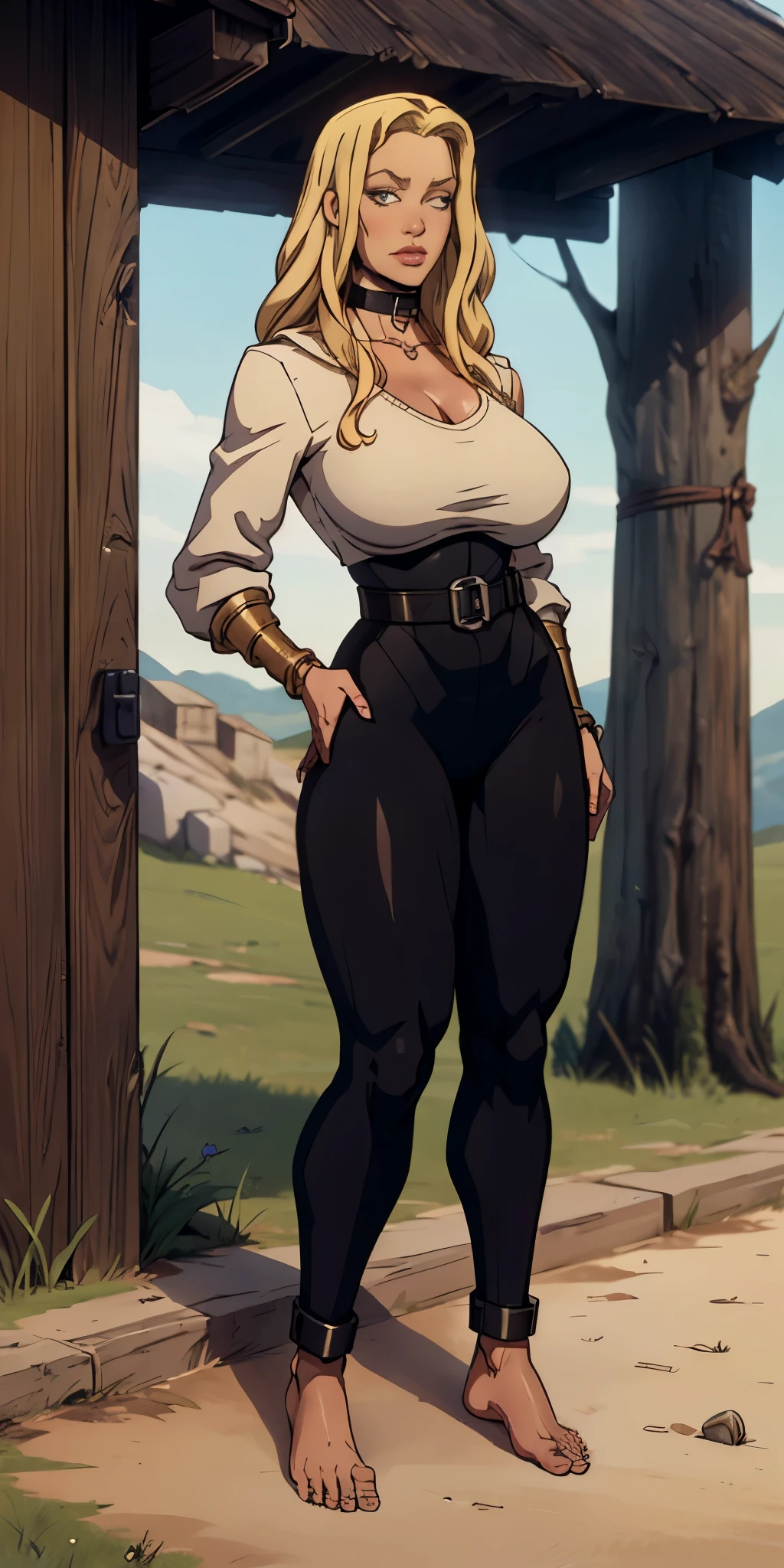 (Forrest:Face:LORA)(Curly Blonde Long Hair) full body, barefoot, solo, female, big breast, linen tunic, fantasy village, armor, Handcuffs on their hands with a collar around the neck, hands on hips, slave ((black choker, shackles on legs and arms))