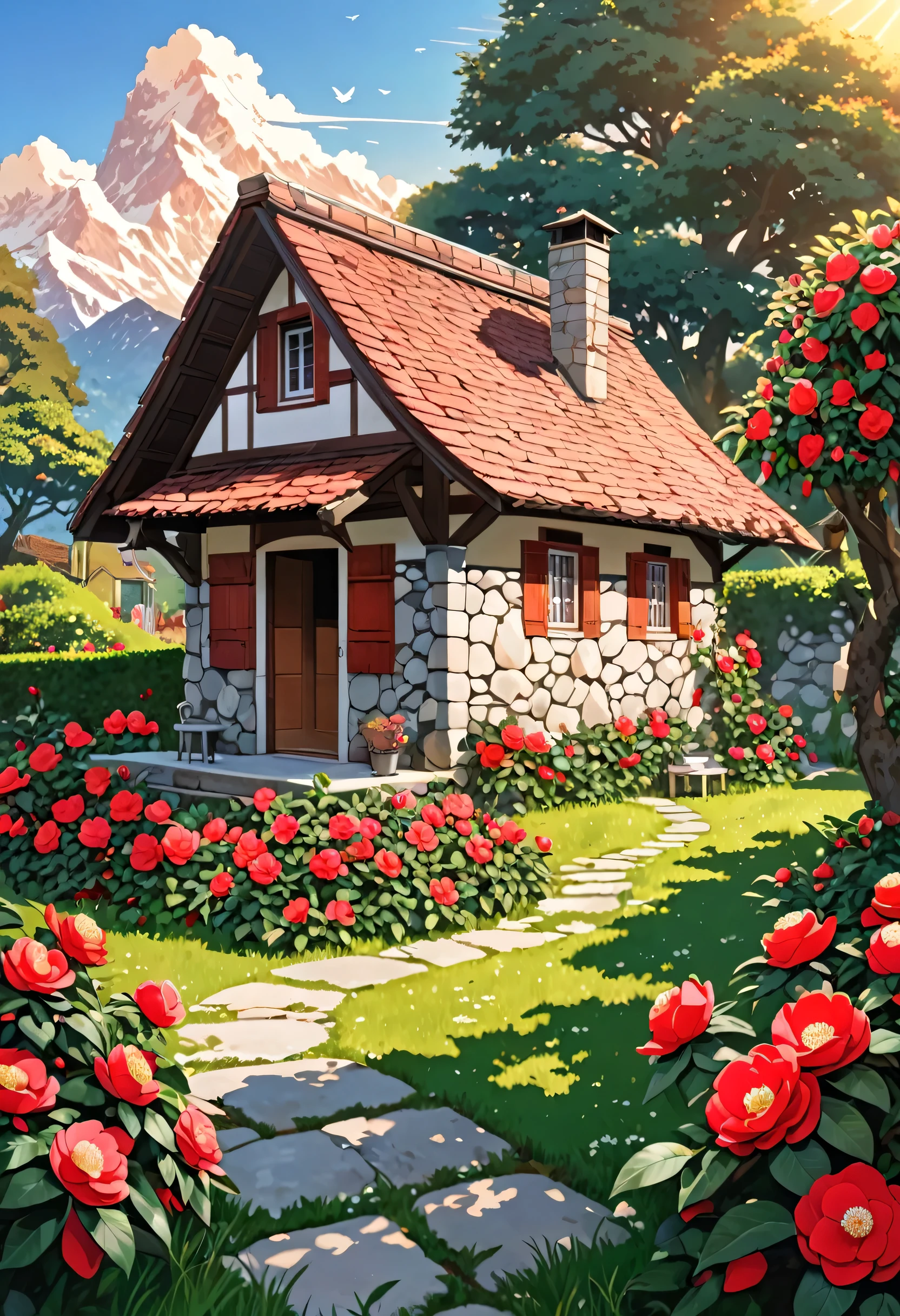 A simple two-room stone house for the poor , old,In the middle of a garden filled with red and white camellias ,Of all colors ,Swiss Style, Quality Art, 8k ,alone, At dawn ,Bright Sun, Bird Octane , teeth, Sitting, wood