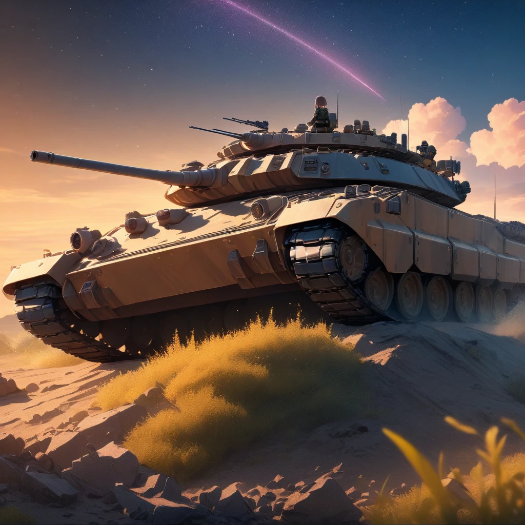 High quality, high definition images, full HD、8k.1 girl Short chestnut hair wearing 、modern tank crew combat uniform,combat uniform 、Risha's Panzer Panzer 、sitting in the turret of a tank watching shooting stars、The rabbit One is on top of a tank
