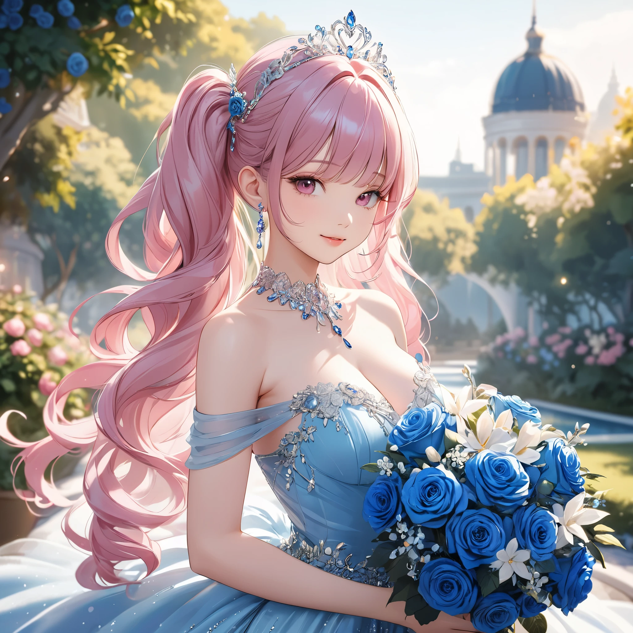 (8K, masutepiece, Best Quality, Official art, Breathtaking beauty and aesthetics, A highly detailed, beautiful lighting:1.2), (1 Girl, Solo), (), (Beautiful detailed face), (shiny white skin), (Beautiful big bust, cleavage:1.3), (Beautiful detailed pink twin tails hair, Bangs:1.3), (beautiful detailed drooping pink eyes:1.5), break, (Beautiful Luxurious blue Princess Dresses, blue See-through intricate lace, blue cute bow ribbon, a lot of see-through blue frill, sheer chiffon material, silver thread, Diamond, blue corset), (Beautiful Luxurious Diamonds Tiara), (happy Beautiful cute smile:1.5), (Attractive, Elegant, Luxurious, Look at the camera, cute pose), breathtaking scenery, (ultra detailed realistic Breathtakingly beautiful Luxurious garden, blue sky, blue Rose bouquet:1.2),
