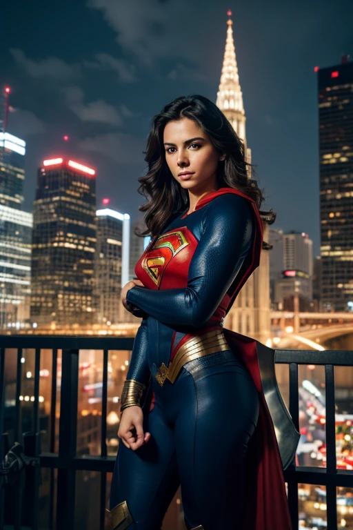 masterpiece, best quality, extremely detailed, hyperrealistic, photorealistic, a beautiful superwoman hold a shield, posing for the camera holding a camera with both hands, taking a photo, city, night