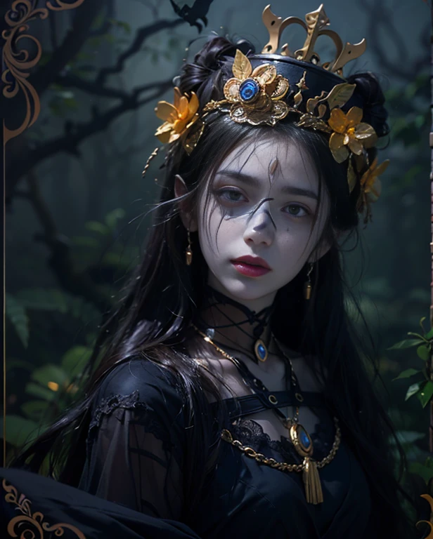 highest quality, masterpiece, Attention to detail, Intricate details, Realistic, Mysterious Halloween woman with bright expression, Spooky atmosphere、Photographic image、Crown makeup