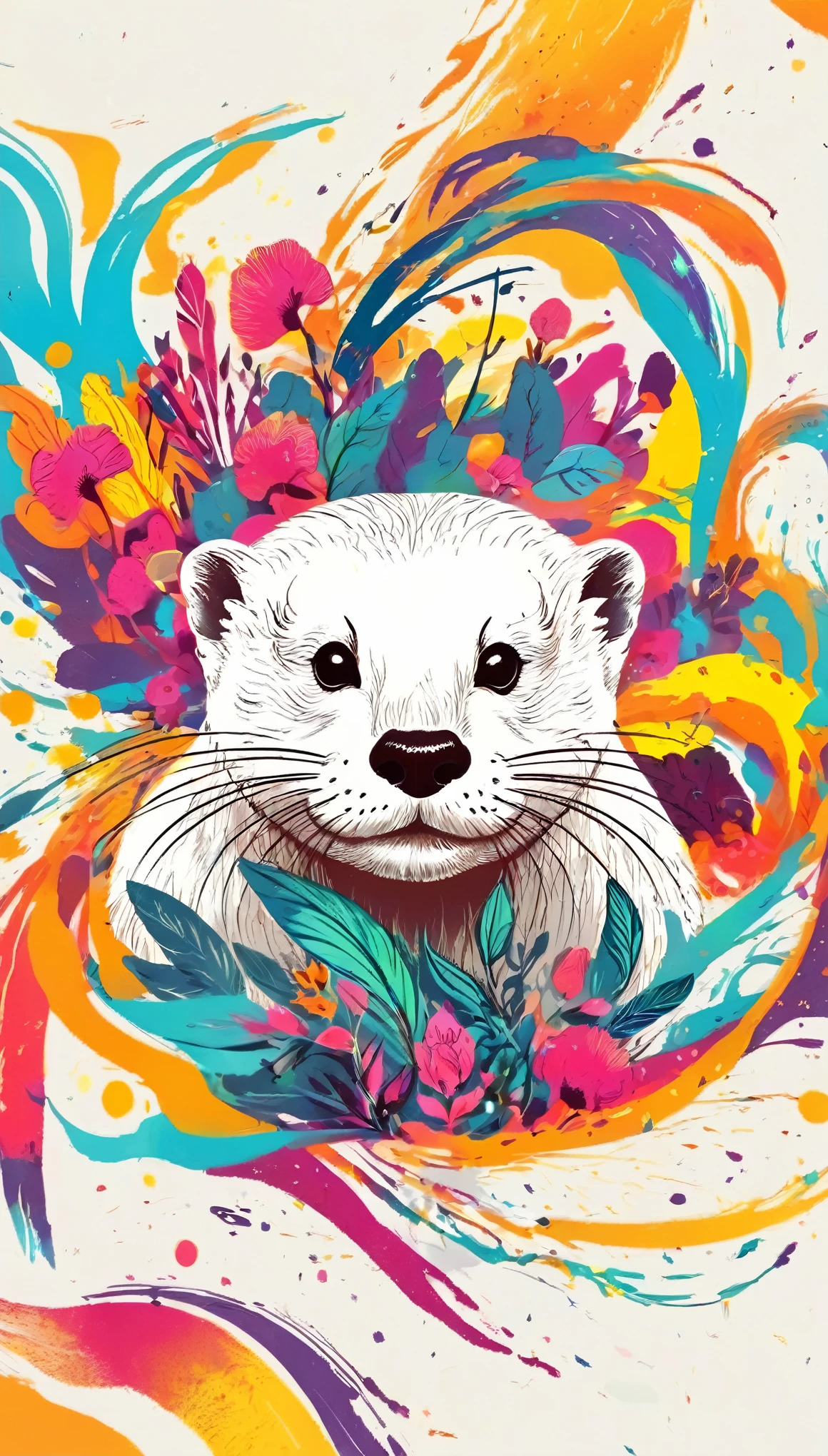 Vector Art, Color illustration with otter, In the center, Vibrant colors，Graffiti Art，ink splatter，Wild and unrestrained，rich and colorful，visual impact,modern aesthetics
