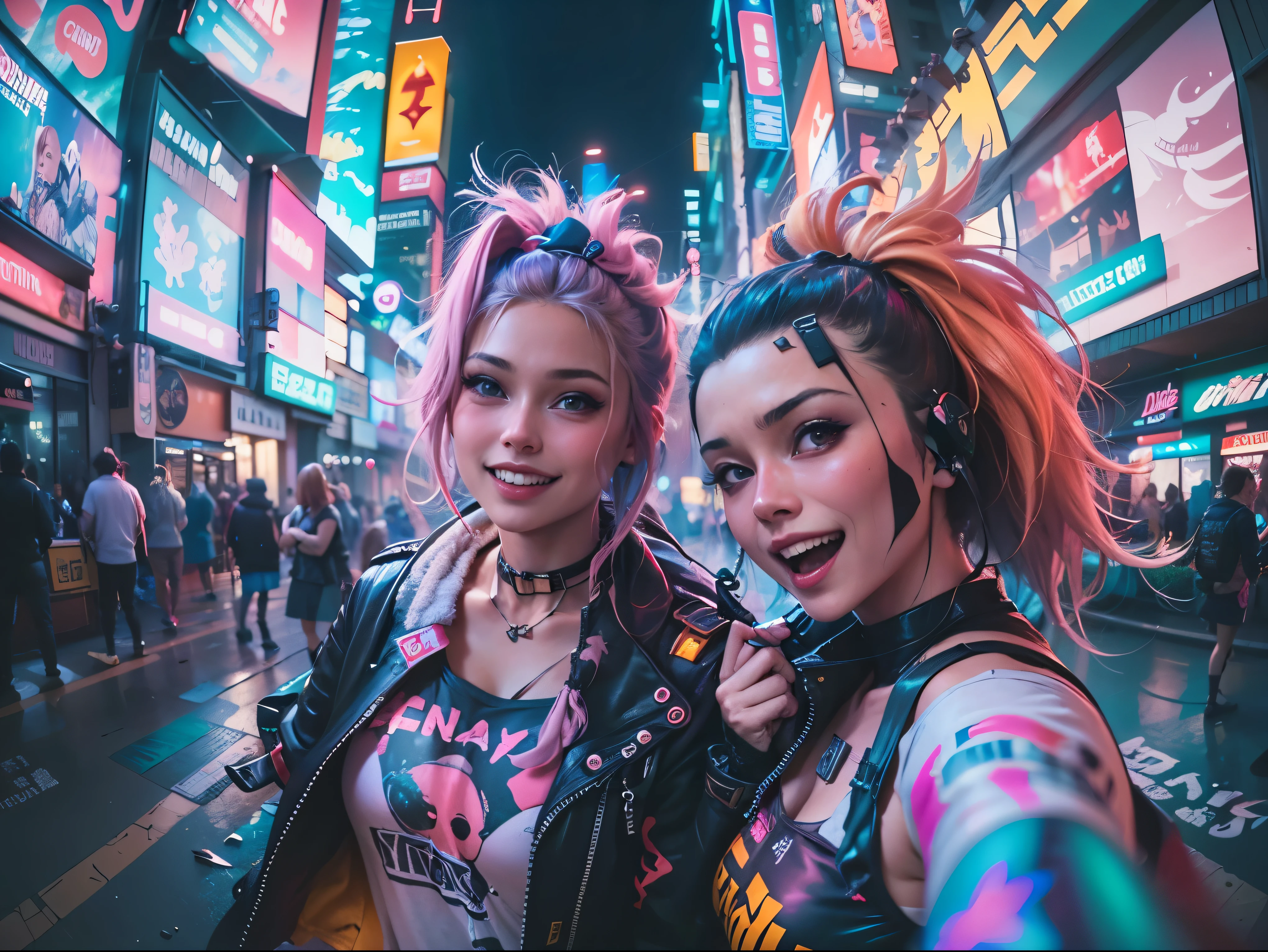 ((Two cyberpunk girls wearing colorful Harajuku Wind pop outfits)), (((Fisheye Lens))), Cowboy Shot, Wind, Messy Hair, Cyberpunk 2077 Cityscape, (Cyberpunk aesthetics and atmosphere:1.2), Bright colors, smile, ((Cinema Lighting))