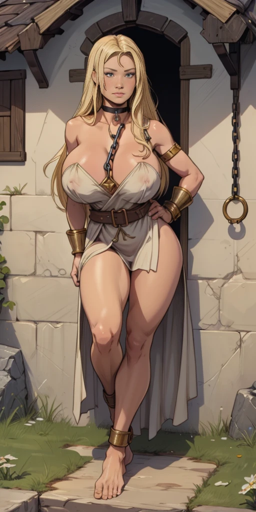(Forrest:Face:LORA)(Curly Blonde Long Hair) full body, barefoot, solo, female, big breast, linen tunic, fantasy village, armor, Handcuffs on their hands with a collar around the neck, hands on hips, slave ((black choker, shackles on legs and arms))