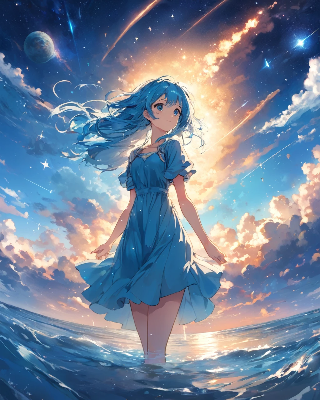 anime artwork 1girl, gorgeous, delicate, blue hair, wearing light blue dress, barefoot, looking up into sky, standing in sea, perfect face, beautiful eyes, sky is galaxy and stars, twilight, shooting meteorites, longing . anime style, key visual, vibrant, studio anime, highly detailed