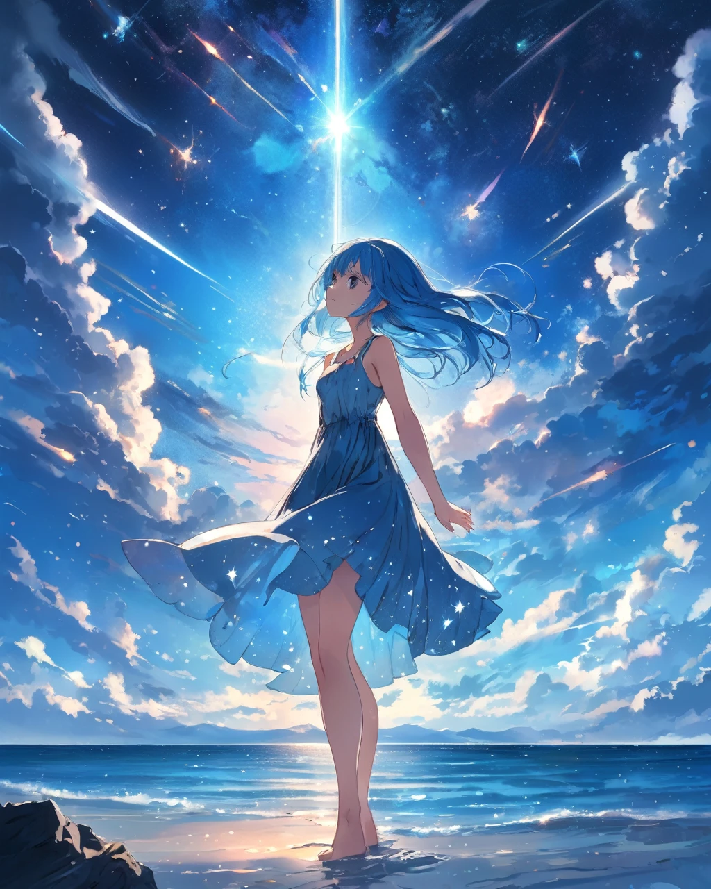 anime artwork 1girl, gorgeous, delicate, blue hair, wearing light blue dress, barefoot, looking up into sky, standing in sea, perfect face, beautiful eyes, sky is galaxy and stars, twilight, shooting meteorites, longing . anime style, key visual, vibrant, studio anime, highly detailed