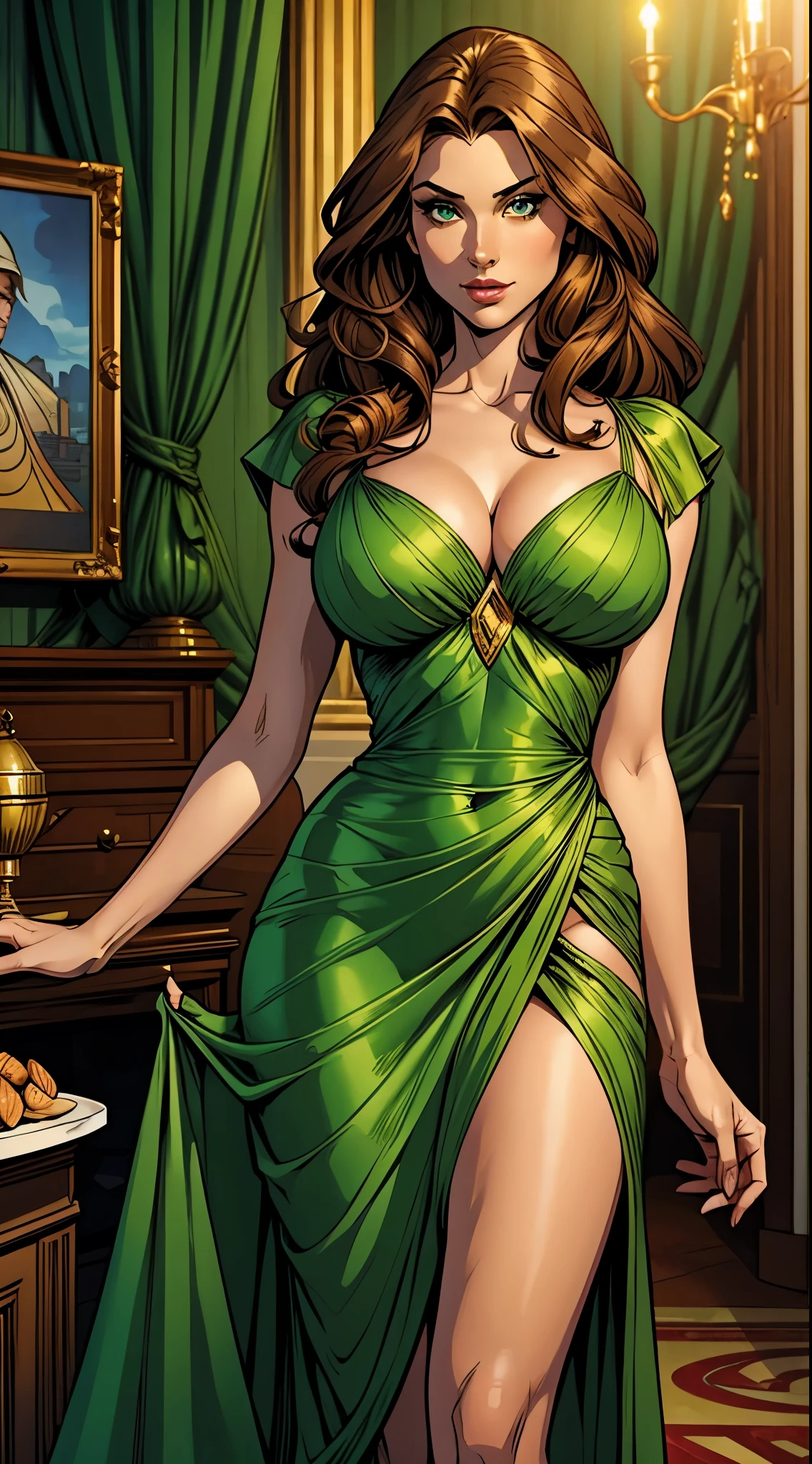 long curly light brown hair.  Large, almond-shaped eyes, intense green.  Slim and elegant figure.  She was wearing elegant green dress. busty. Booty. Comic style. Marvel comics