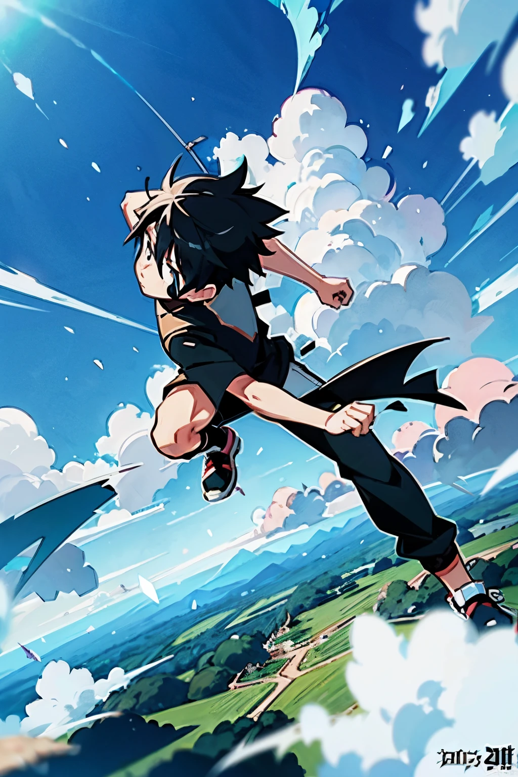 Animated character wearing black clothes reaching for a baseball, handsome Anime Pose, In Sachin Ten style, Lostland Style, Official Art, High quality fan art, Kashert Kenz, Official Fan Art, Anime Pose, 2 0 2 2 Anime Style, 2022 anime style, trigger anime art style, fighter pose, Strongest pose, Anime Moe Art Style、(Riding on the clouds、Angle from the ground, 1 of 1/3 is cloud):2.0