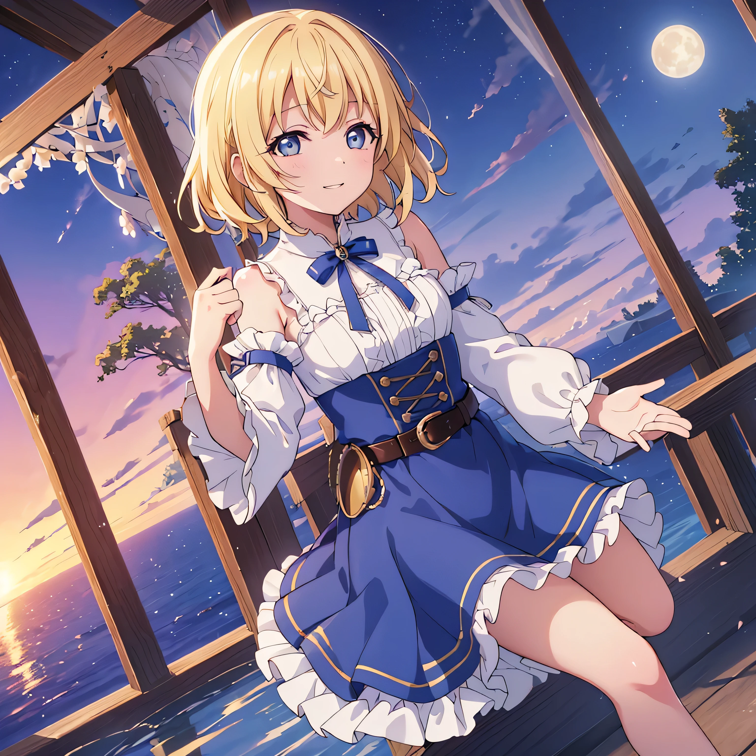 Flat ship, Illustration of one person, Cute Smile, {{{{{Laughing with your mouth open}}}}}, (8k, highest quality, masterpiece:1.2), (Eye details\), (Garment Details), (whole body:1.3), Highly detailed CG Unity 8k wallpaper,Large file size,Very detailed,High resolution,Absurd,Beautiful Eyes,Ray Tracing,Dramatic Shadows,The finer details,Elevation,Hyper Detail,(1:1.3),(alone),14 years old,Cosplay Costume Collection, 1 boy,have, Blonde Hair, short hair,blue eyes, Blue clothes,Frilled Skirt,Removed sleeve,(Sloppy:1.2),belt.In the confession,(Please put your hands up:1.3)+(Underarm:1.2), delicate and beautiful moon,Walking in front of the sunset sky,Multiple diffuse reflections,