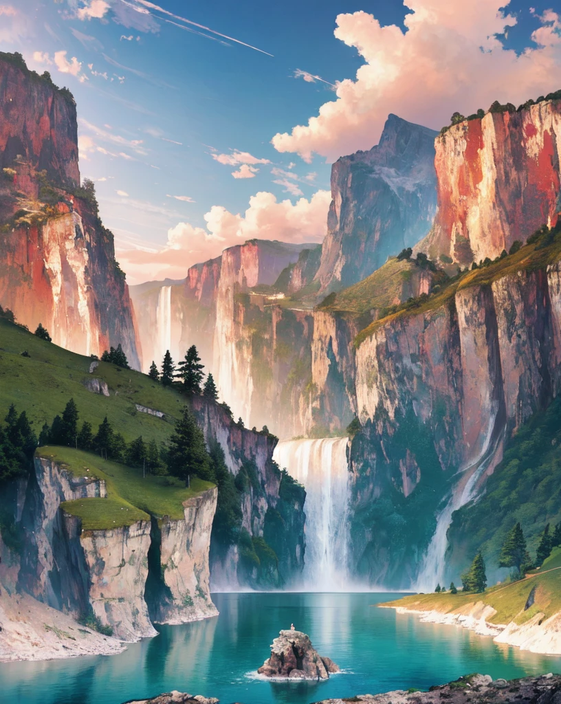 Masterpiece, ultimate quality, Cg unity 8k wallpaper, super delicate, beautiful sky and clouds, rich natural scenery, cliffs, lakes and rivers, waterfalls and flying water, beautiful green mountains, no trace of people, excellent scenery, has already won a photo contest, background Blurring, full depth of field, HDR high dynamics, true restoration, intricate, extreme details, dramatic presentation, perfectly presenting the style of midjourney art.