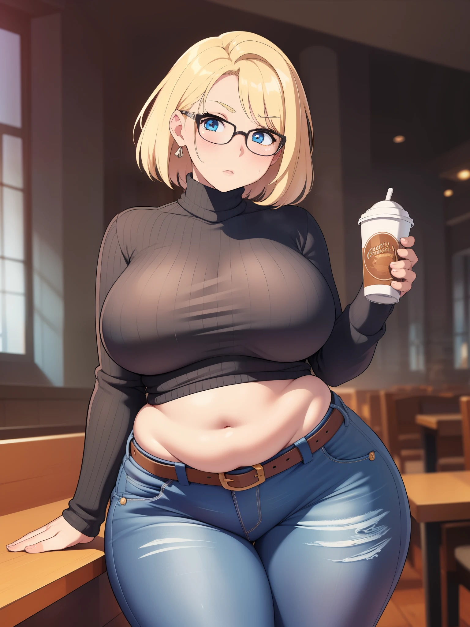 ((Masterpiece)), perfect anatomy, perfect shading, field of depth, (best quality), extremely delicate and beautiful, perfect lighting, detailed face, ultra cute face, cute, (cowboy shot 1.2), full body, (((1girl))), ((solo)), looking at viewer,
short hair, fluffy hair, blonde hair, blue eyes, Glasses, ((blush)), shy, nervous, (black turtleneck sweater 1.5), (jeans 1.2), belt, extremely tight clothes, medium breasts, ((wide hips)), ((thick thighs)), ((chubby)), belly bulge, belly hang,
coffee shop, intricate background, detailed background, hand on hip, holding coffee cup,
