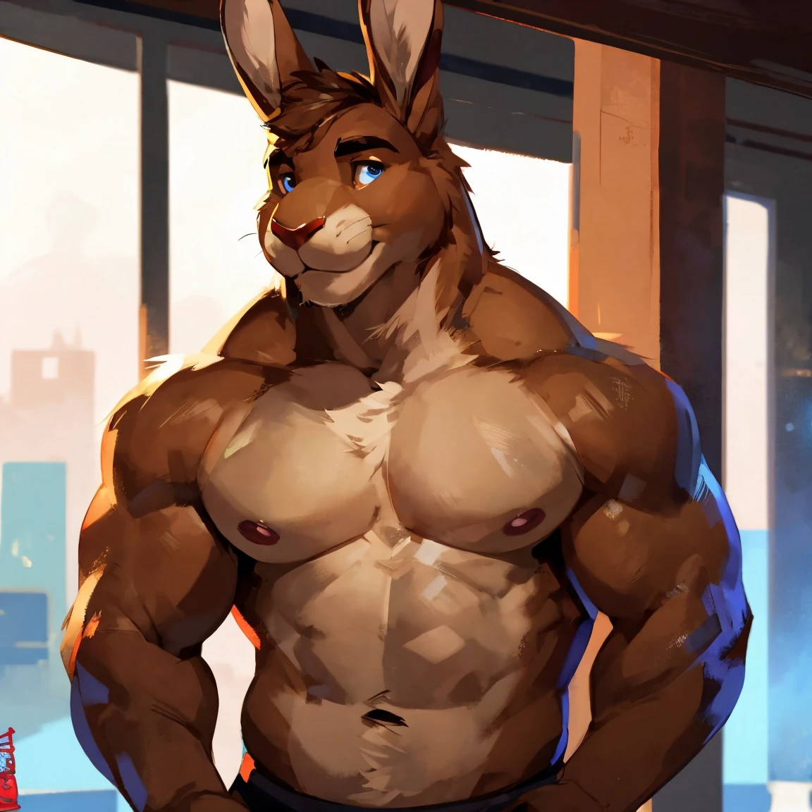 Light brown hare, in one color tone, shirtless, By mystikfox61
