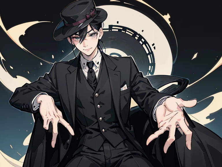 illustrate a 17 year old anime guy, with bangs and black hair and low taper fade, with seductive eyes and a mischievous smile, wearing a formal all black suit and a black fedora hat. he has a chill personality and hot vibes